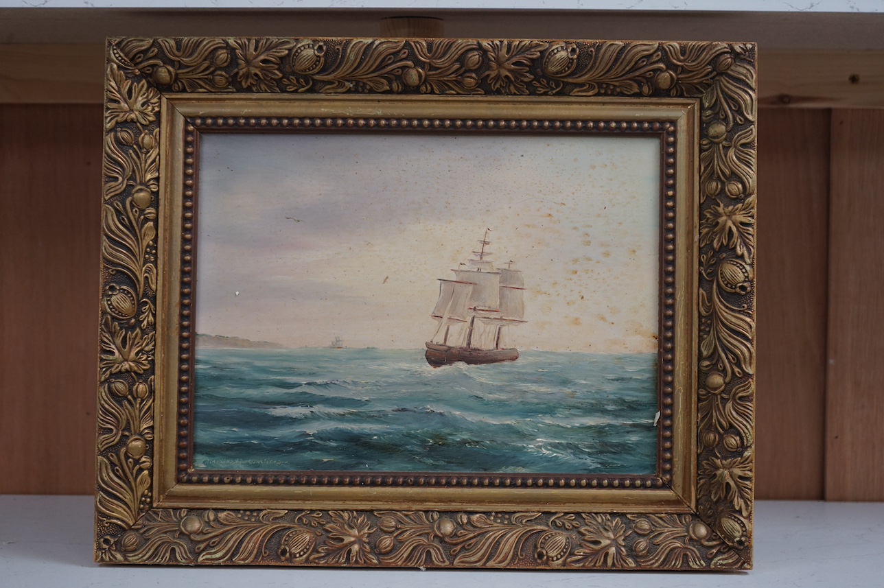 F. Maskens, oil on board, Study of a ship at sea, signed and dated '80, 21 x 29cm, ornate gilt frame. Condition - poor